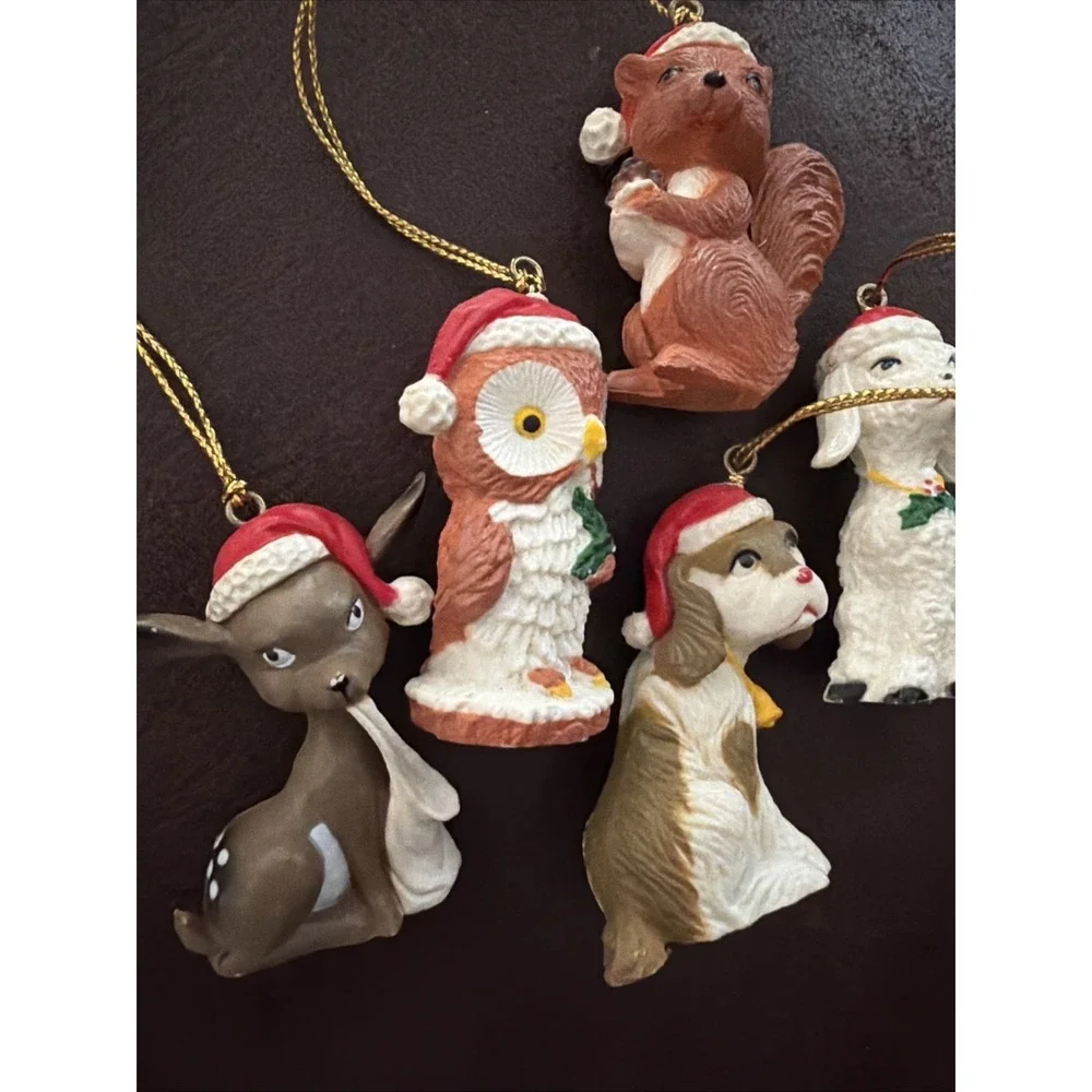 Vintage Woodland Animal Ornaments Lot of 5 Santa Hat Critters Christmas Tree